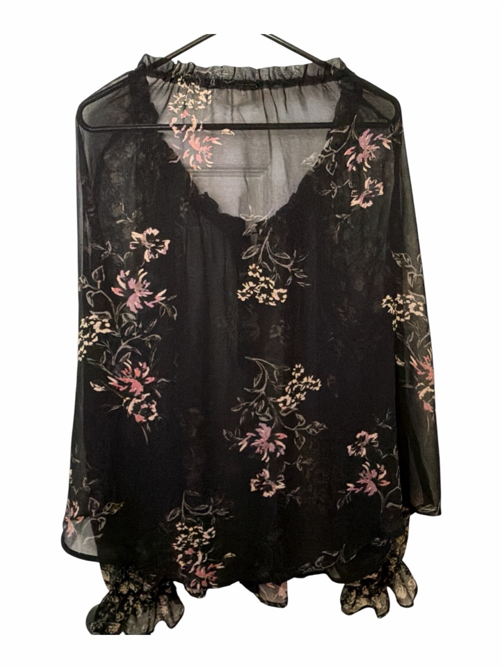 ASTR Black Sheer Floral Ruffle Neck Blouse - Picture 3 of 8